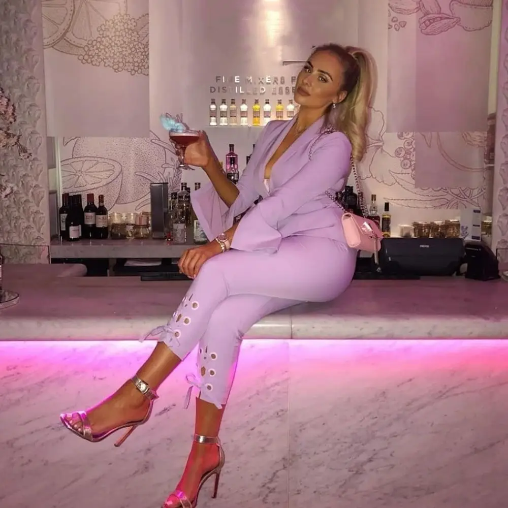 Fashion Purple Women Blazer Suits with Belt Sexy V Neck Formal Office Lady Pants Suit Prom Party Wedding (Jacket+Pants)