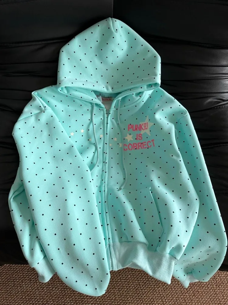 2000s American Vintage Polka Dot Sweatshirts New Spring Fashion Letter Print Hooded Women Y2k Sweet Loose Casual Jacket 2026 New