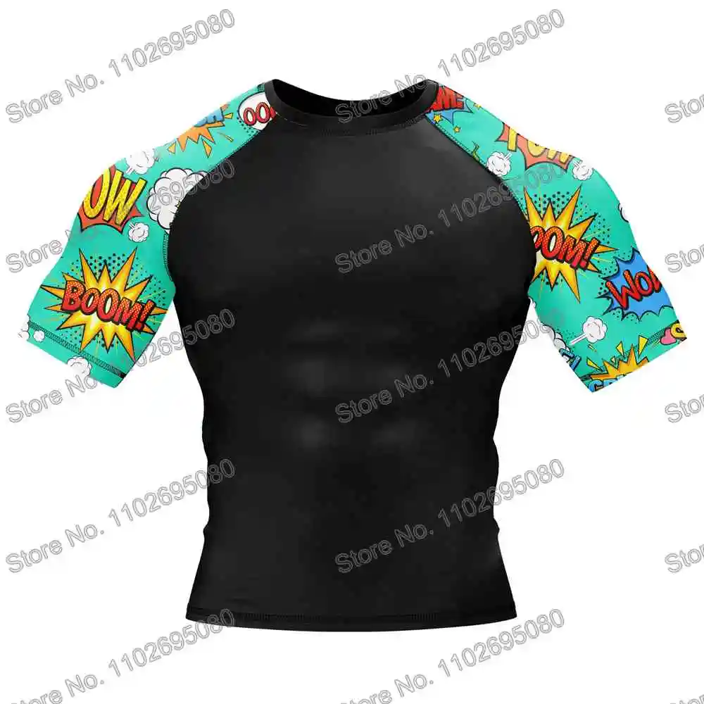 Comic Power Boom Surf Clothing BJJ MMA Men Rash Guard Short Sleeve Diving T-Shirt Tight Swimwear Summer Beach Floatsuit GYM Tops
