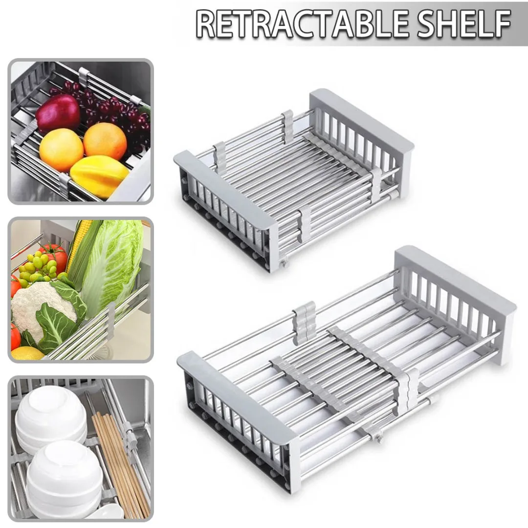 

Stainless Steel Extend Drain Rack Fit for Fruit Vegetable Drain Water Holder Retractable Kitchen Sink Drain Basket