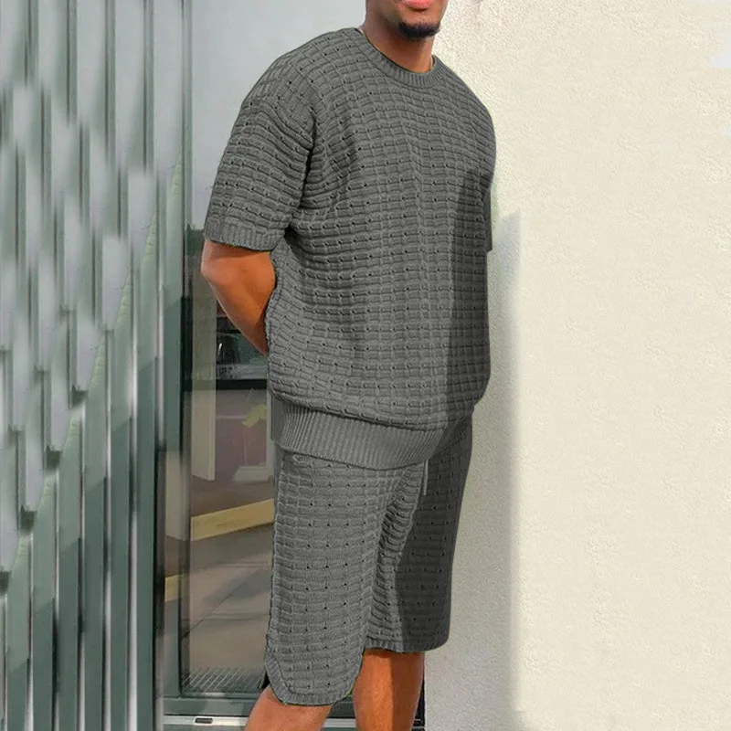 Summer Men Solid Color Two Piece Sets Short Sleeve O Neck T-shirts And Drawstring Shorts Suits For Mens Clothing Casual Outfits