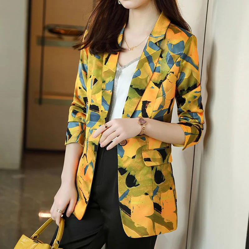 Elegant Lapel Button Spliced Pockets Printed Blazer Women's Clothing 2023 Autumn New Casual Tops All-match Office Lady Blazers