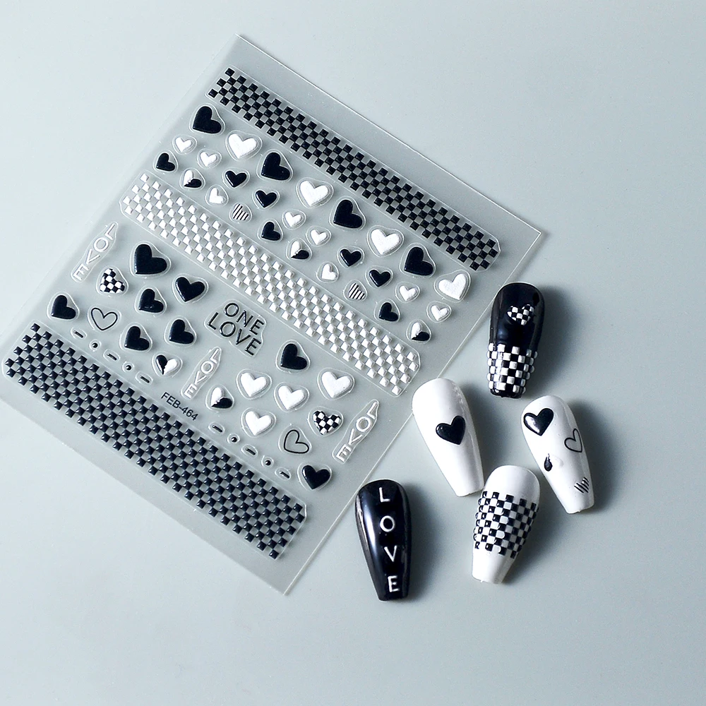 

Black and White Hearts Popular Fit 5D Nail Stickers DIY Decals For Nails