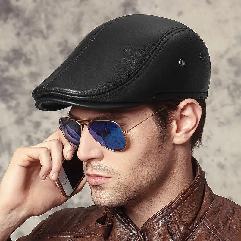 Beret Hat Men's outdoor leather hat winter Berets male warm Ear protection cap genuine leather dad hat Leisure bone