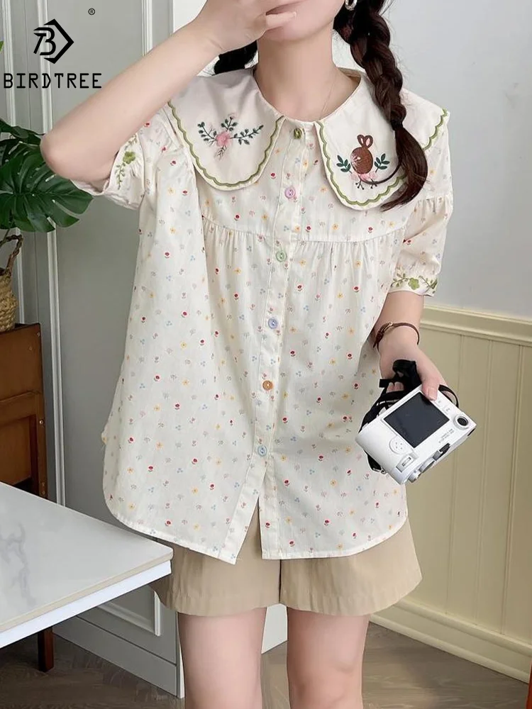 

New Spring Cotton Shirt Women Short Sleeve Floral Embroidery Literature Top Girl Loose OL Commute Blouses 2024 Summer T44761QM