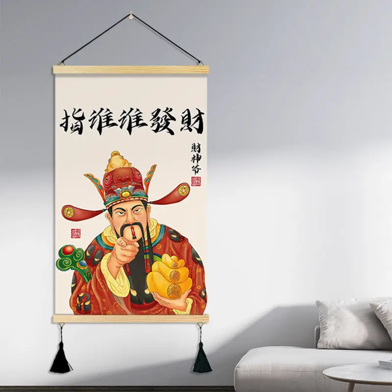 

Chinese Style God of Wealth Scroll Wall Paintings Vintage Room Decor Aesthetic Living Room Fengshui Home Decoration Anime Poster