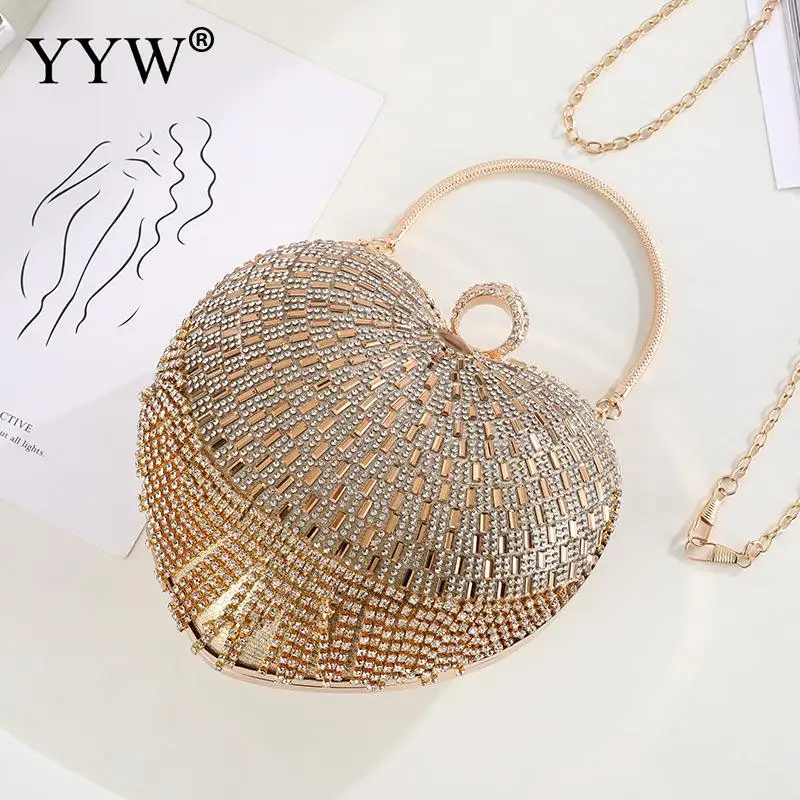 Luxury Bling Rhinestone Evening Handbag Women Love Heart Shape Diamond Ring Clutch Bag with Tassel Metal Chain Lady Party Purse