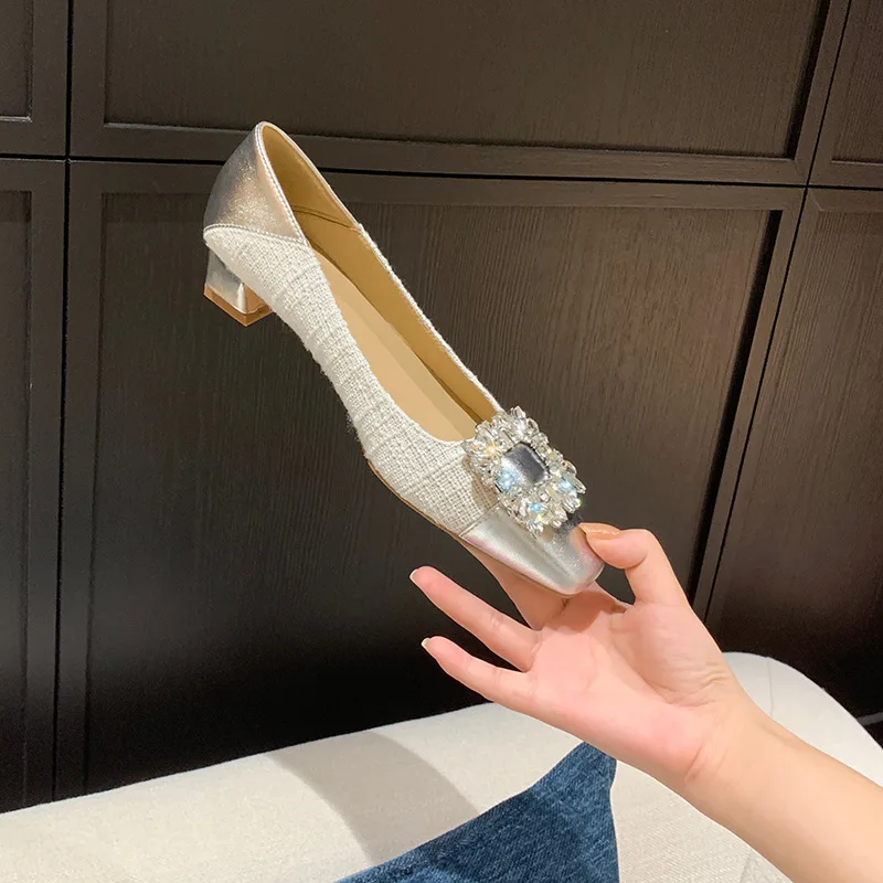 

Light Luxury Temperament Women Shoes Spring & Autumn Square Buckle Rhinestone Decorative Shoes New Elegant Delicate Color Tweed