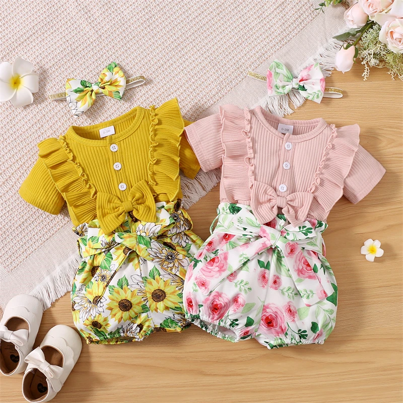Infant Baby Girl Clothes Set Summer Solid Bow Romper + Floral Shorts