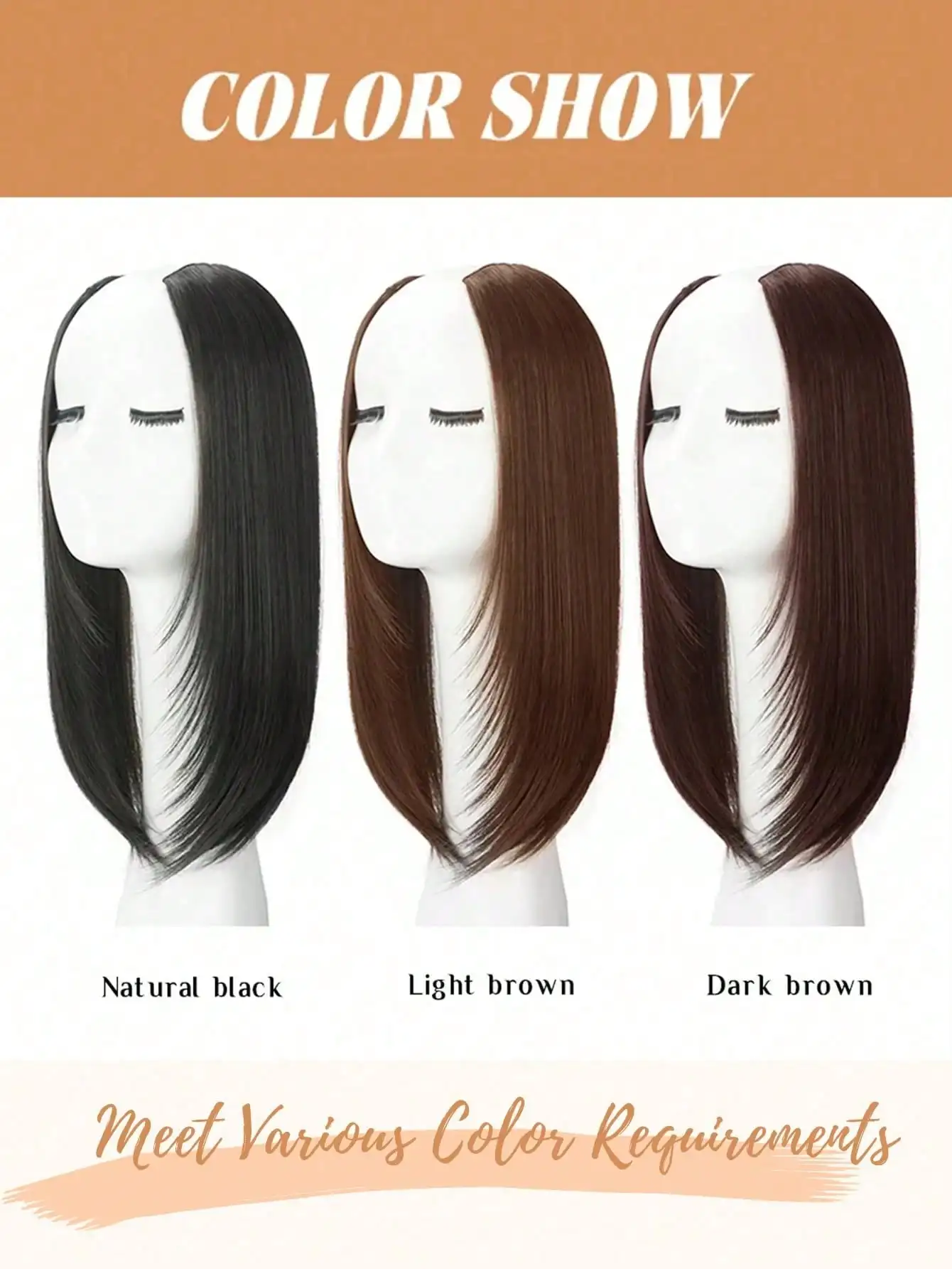 Synthetic Brown Black U Shaped Half Head Wig for Women