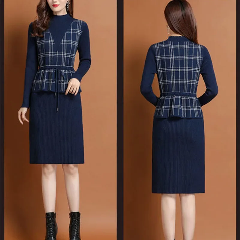

Vintage Plaid Patchwork Fake Two Piece Knitted Dress Women Fall Korean Long Sleeve Casual Sweater Dresses Elegant Vestidos J141
