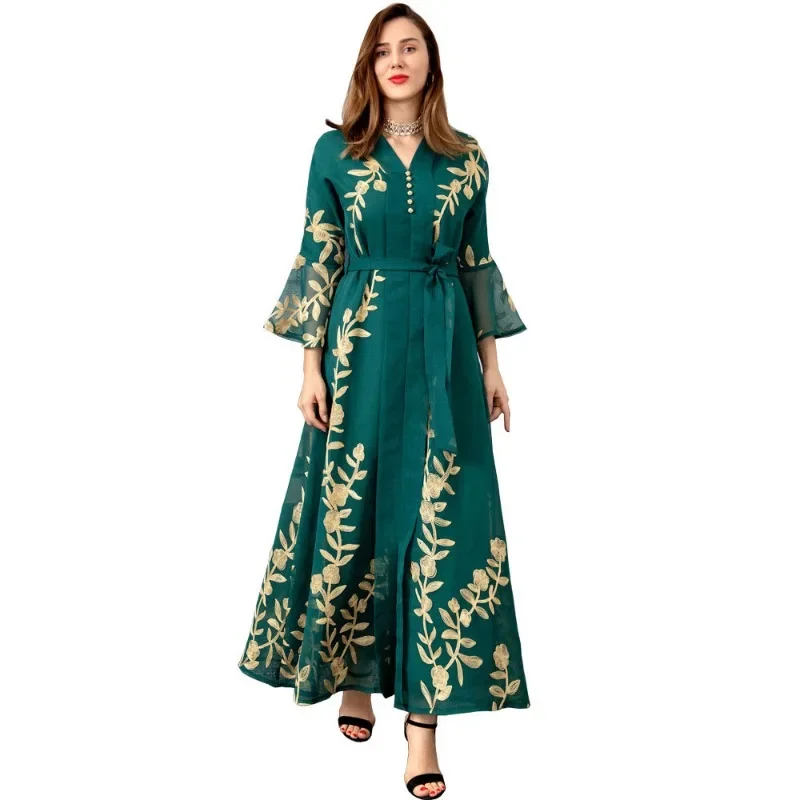 Muslim Autumn and Winter Mesh Embroidered Robe European and American Women's Clothing Elegant Evening Dress Arab Dress