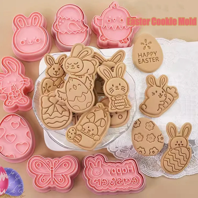 8Pcs Baking Decorating Tools DIY Easter Cookie Biscuit Mold Cartoon Bunny Egg Cookie Cutters 3D Rabbit Baking Fondant Mold Stamp