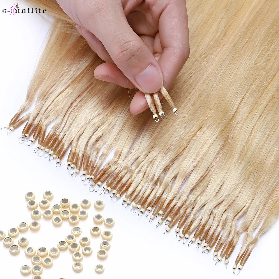 S-noilte 1g/strand Nano Rings Micro Links Human Hair Extensions Micro Bead Pre Bonded 16-24inch 50pcs Straight Natural Blonde