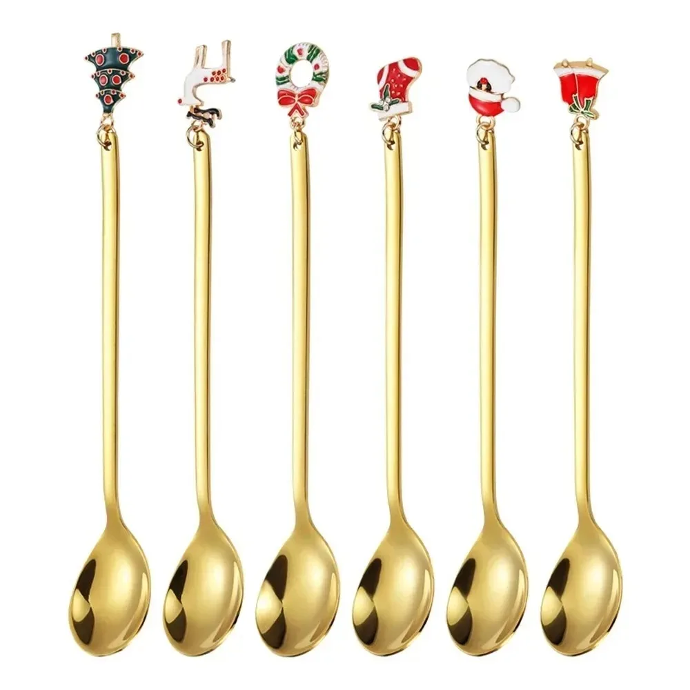 Cucharas De Café Navideñas Con Colgantes - Acero Inoxidable, 6 Piezas Con Caja De Regalo, Decoración Festiva Para Postres