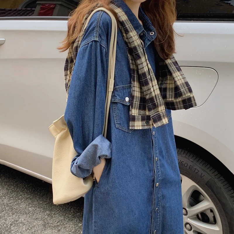 Loose Denim Dress Women Long Autumn New Vintage Long Sleeve Single-breasted Denim Straight Dress Casual Korean Chic