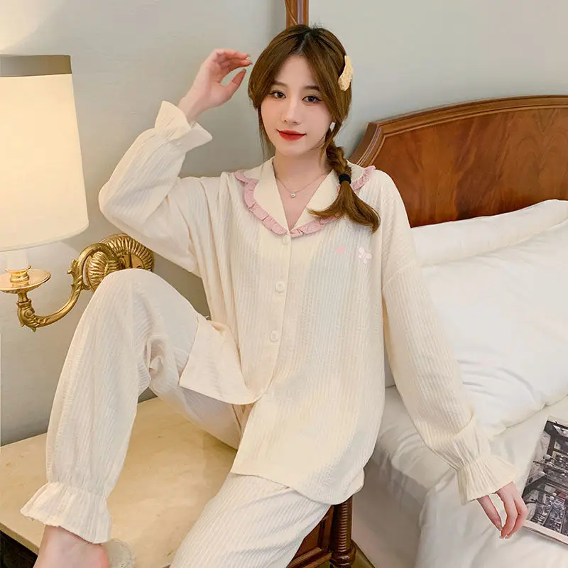 Spring and autumn knitted cotton pajamas women's striped lace cardigan small lapel long-sleeved pajamas women's homewear suit