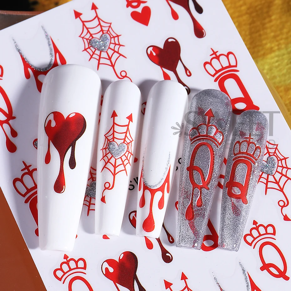 2pcs Gothic Style Halloween Nail Stickers 3D Black Red Heart Spider Web Crown Adhesive Nail Decals Sliders Manicure Decoration