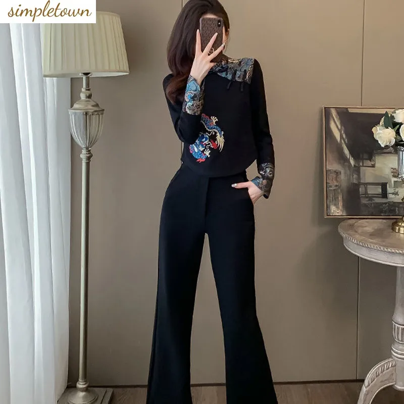Spring and Autumn Fat MM Retro Chinese Style New Chinese Style Set Fashion Design Top+Wide Leg Pants Two Piece Set