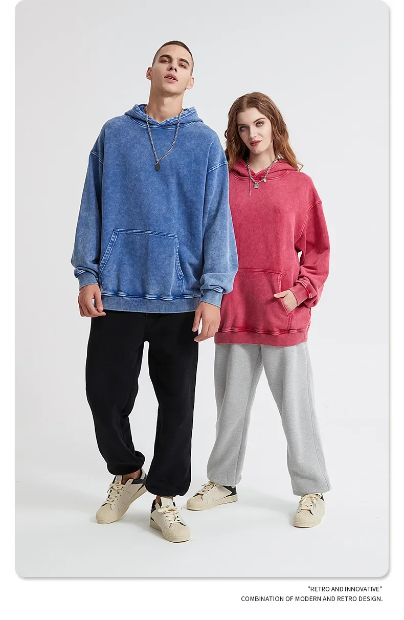 Description Picture 6 of item2024 Autumn/Winter American Style Distressed Sweatshirt Women's 420g Hooded Round Neck Jacket Couple Clothing Sweatshirt Waxed