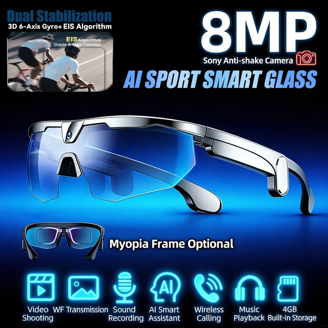 AI Sports Camera GlassSkiing 800W HD Anti-shake Camera Action Capture Goggles Men 3D Surroud Sound AI Chat Call Sport Sunglasses