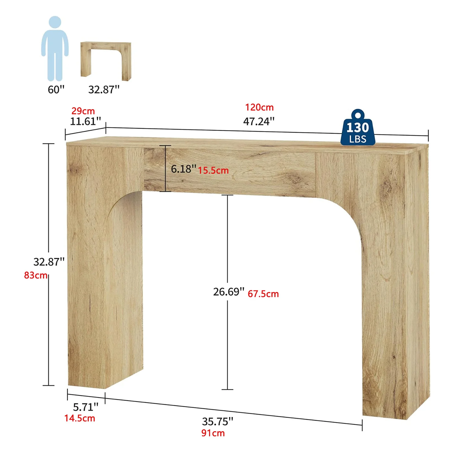 120 cm/160 cm Konsolentisch aus Holz, rechteckiger Sofatisch hinter der Couch, Bauernhaus-Eingangstisch für Foyer, Flur, Schlafzimmer – Detail 3