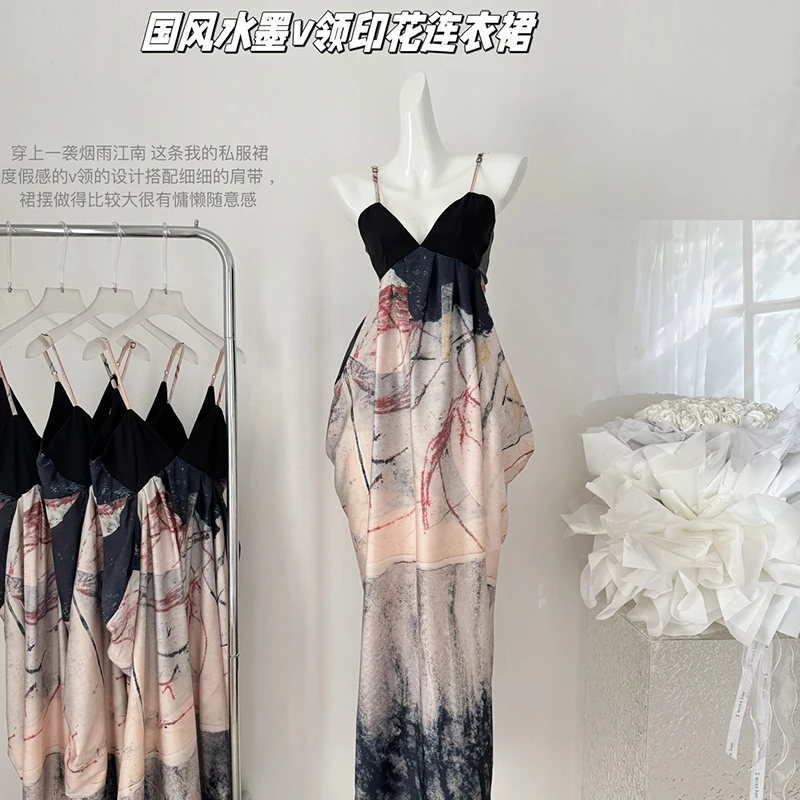 

New Chinese Style Women Printed Suspender Dress Summer Niche Design Sexy V-neck Elegant Unique Long Dress