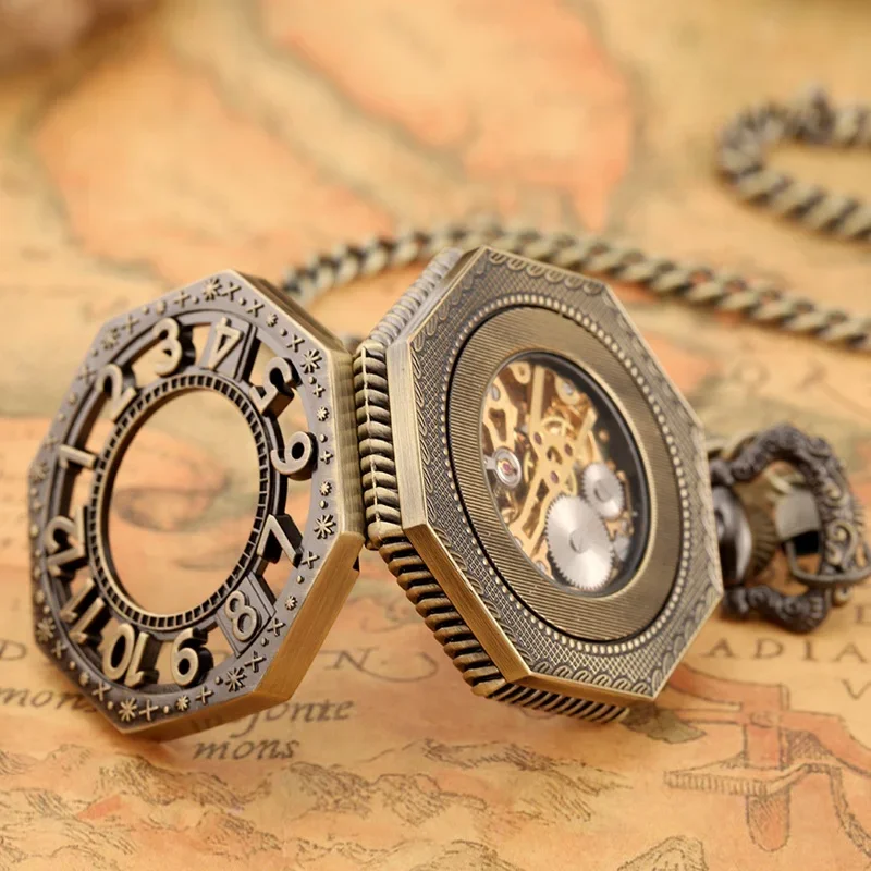 Steampunk Hollow Octagon Shape 남성 여성 Handwind 기계식 주머니 시계 해골 시계 FOB 펜던트 체인 로마 숫자 디스플레이
