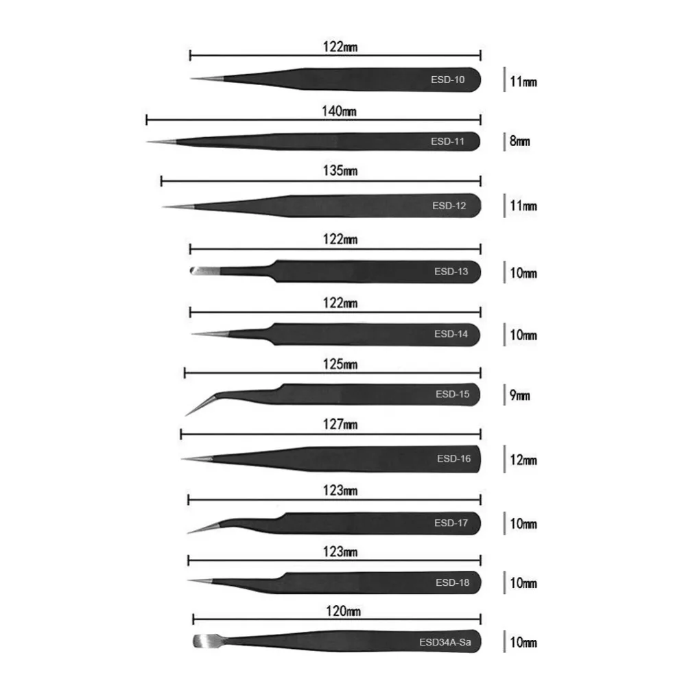 Tweezers 12 Pieces ESD Tweezers Tools Kit Anti-static Non-magnetic Stainless Steel Multi-standard with Storage Bag