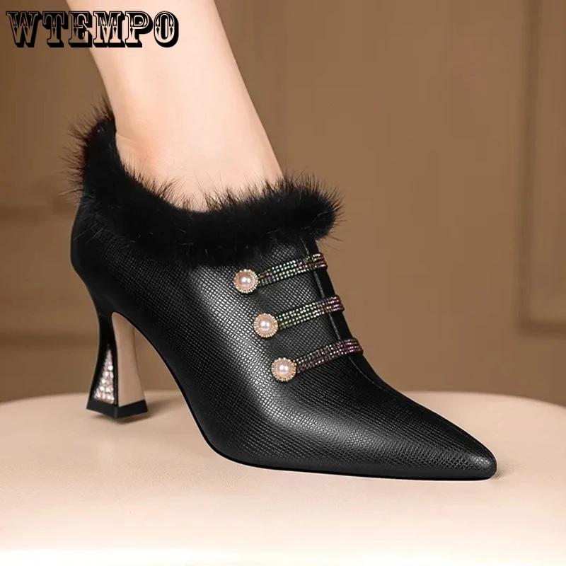 

Однотонные плюшевые теплые туфли-лодочки WTEMPO, женские зимние новые модные кожаные меховые туфли со стразами, Нескользящие туфли с острым носком на высоком каблуке из искусственной кожи, оптовая продажа