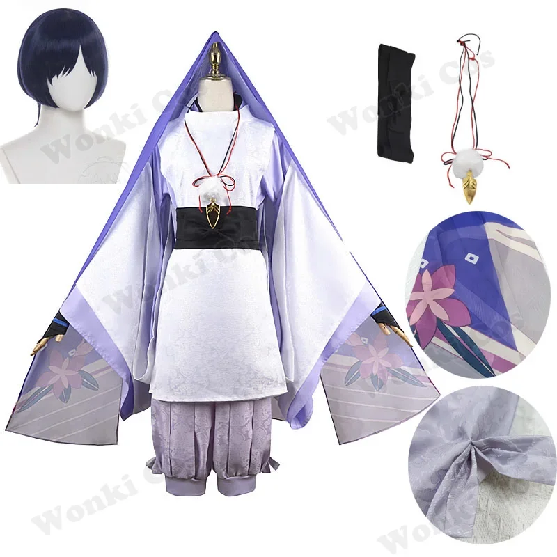 

Scaramouche Cosplay Costume Wig Deep Blue Hair Wanderer Story White Kimono Suits Cosplay Costumes
