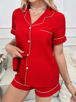 Red Contrast Trim Pajama Set Short Sleeve Top And Shorts Lounge Wear