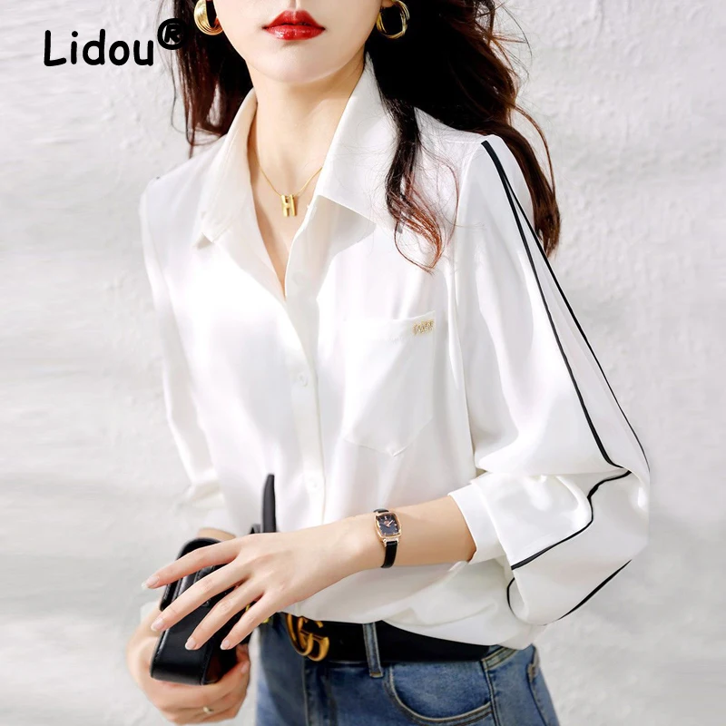 Women's Contrast Color Simple Casual Button Shirts Spring Autumn Korean Style Lapel Long Sleeve Elegant Chic Office Lady Blouses