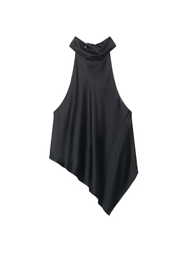  Fashion New Women's Satin Halter Vest Elegant Irregular Hem Backless Sleeveless Street Tank Tops  Summer Vacation Casual Tops
