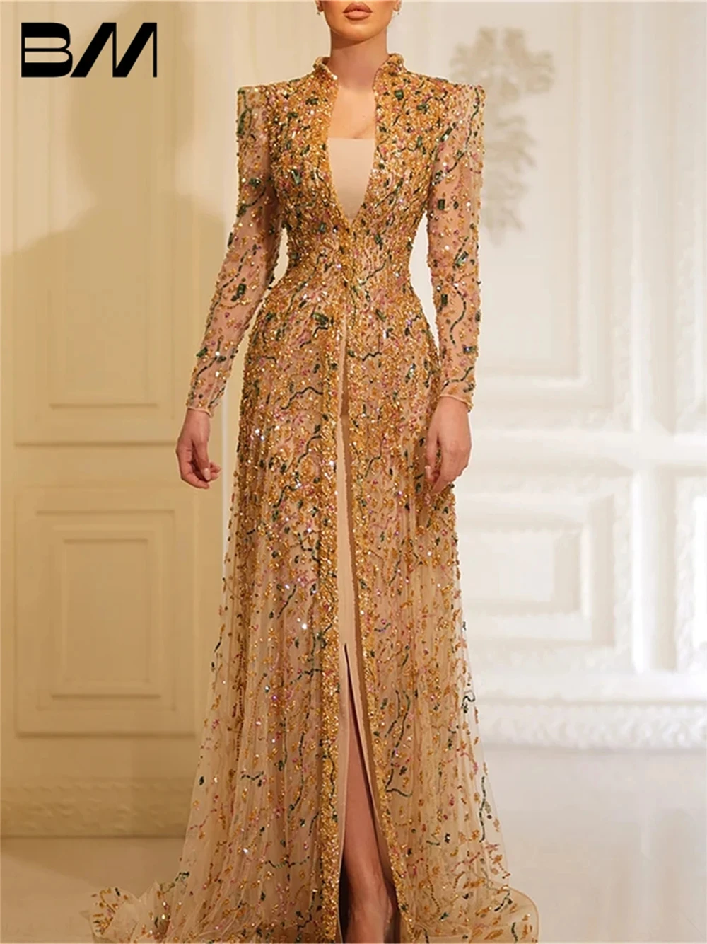 Luxury Long Sleeve A Line Prom Dress Beads Evening Dresses Cocktail Gown Formal Occasion Dresses Customized Vestidos De Gala 2