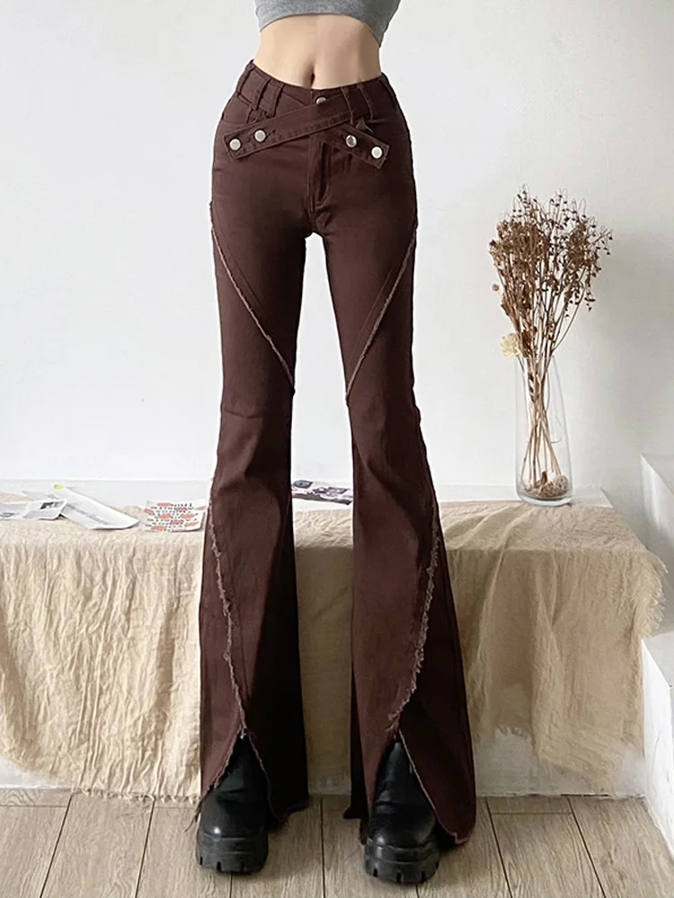 Solid Brown Flare Pants For Women Clothes Y2k Streetwear Sexy