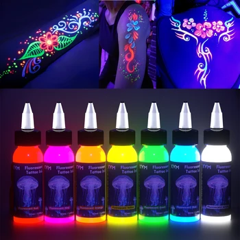 Inchiostro per Tatuaggi Fluorescente KVM 30ml in 7 Colori, Pigmento per Body Art con Lampada di Illuminazione Ultravioletta, Forniture per Tatuaggi