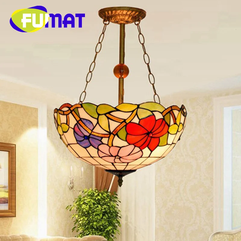 

FUMAT Tiffany stained glass Garden style chandelier Art Living Room Dining Room Bedroom Cafe 16inch deco reverse pendant light