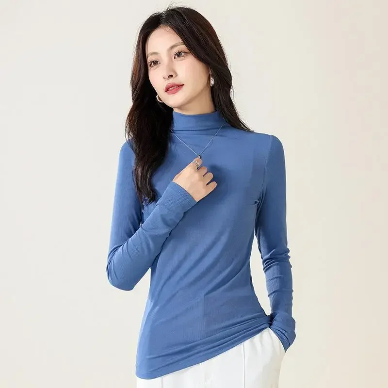 

Mulberry Silk Ribbed Long Sleeve Slim Fit Solid T-shirt for Women Ladies' Half High Collar Skin-friendly Bottom Shirt