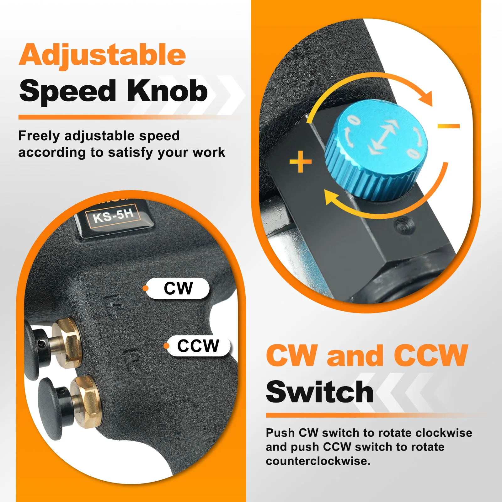 KS-5H 공압식 스크류드라이버, 1/4인치 임팩트 에어스크류 드라이버(Cw 및 CCw 스위치 포함), 11000rpm, 80N.m 토크, 산업용 등급 조절 가능