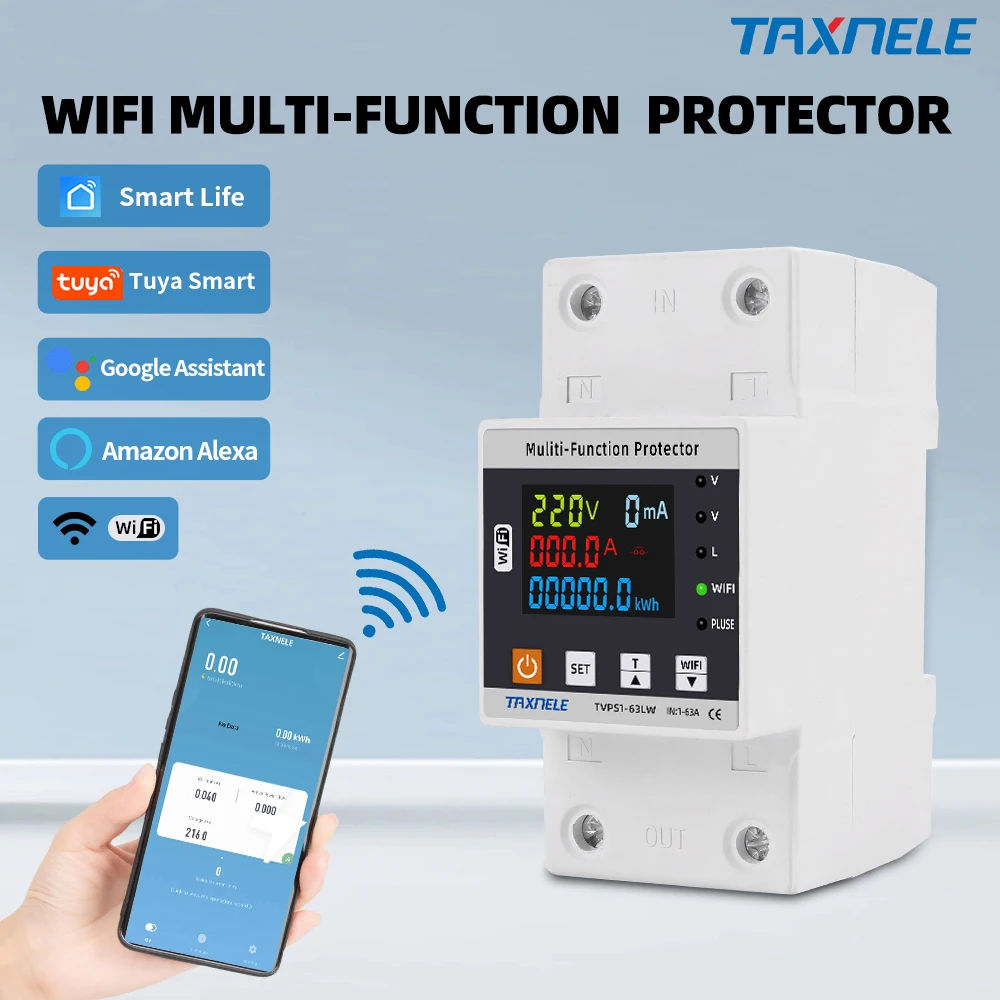 WIFI Smart Switch TUYA Energy Meter Kwh Metering 63A Circuit Breaker Timer with voltage current and leakage protection
