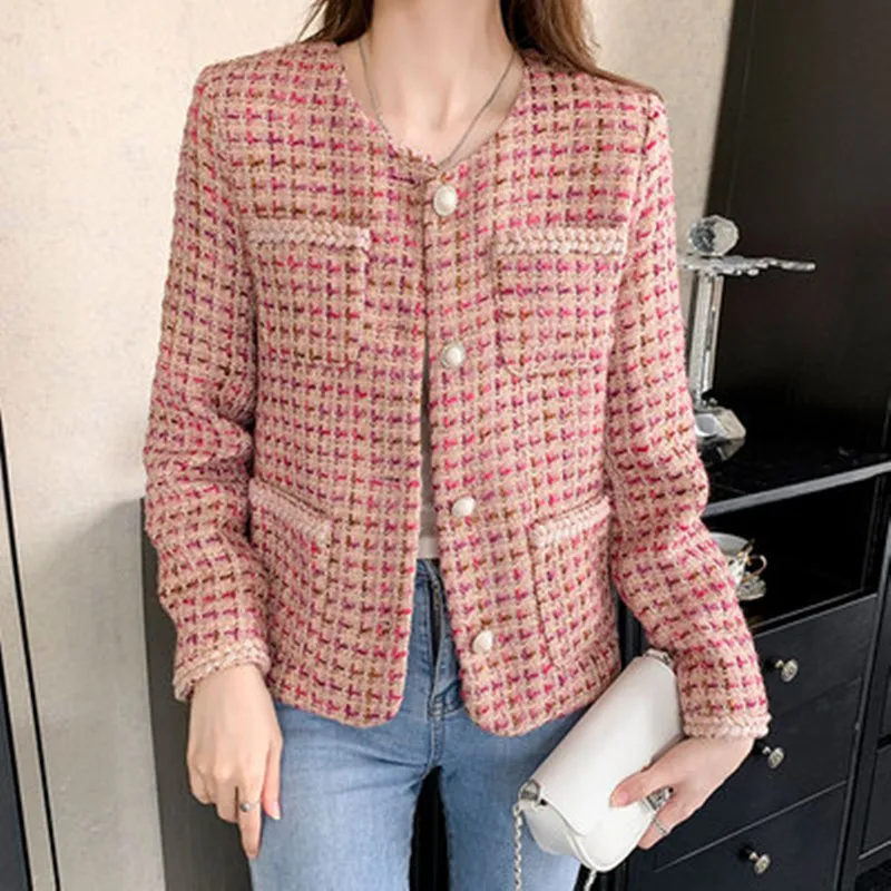 

DALMAZZO New Spring Designer Pink Tweed Woolen Plaid Slim Short Jacket Coat Women Single Breasted Long Sleeve French Outerwear
