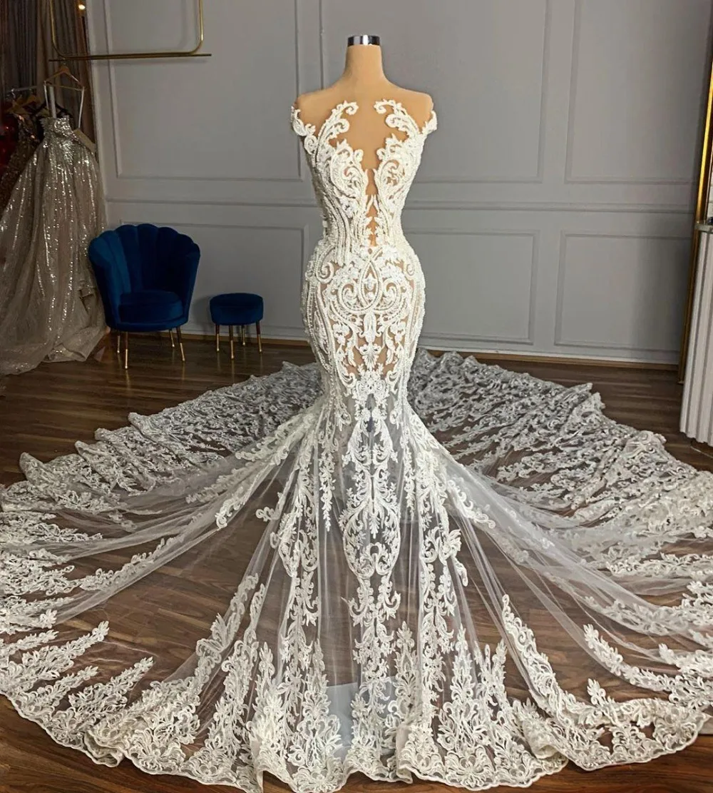 

Saudi Arabia Lace Mermaid Bridal Gowns Illusion Beaded Wedding Dress Custom Made Vintage Sexy Long Train Vestido de novia