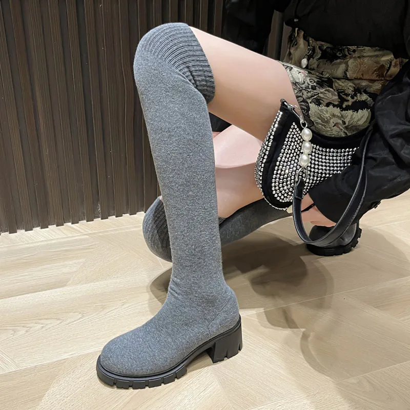Lucyever Autumn Winter Women's Over The Knee Sock Boots Stretch Knitted Thick Heels Long Boots Woman Slip On Platform Shoes