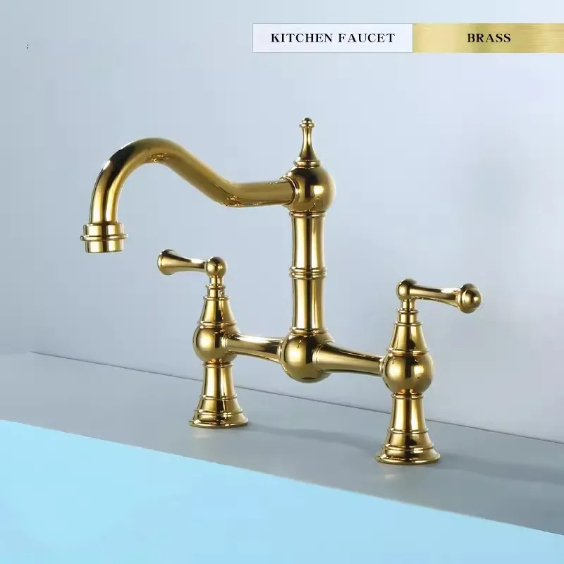 Kitchen Sink Tap Rotation Total Brass Lead Free Classical Double Lever Kitchen Sink Tap Mixer Gold Chrome American Style