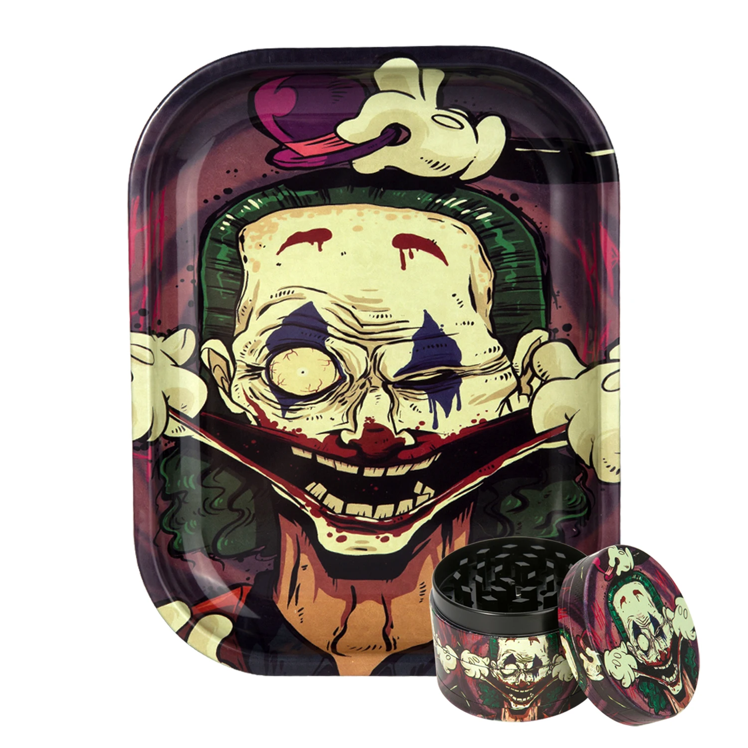 1/2 Stück Clown-Rolltablett aus Metall und Kräutermühle zum Rauchen – Detail 1