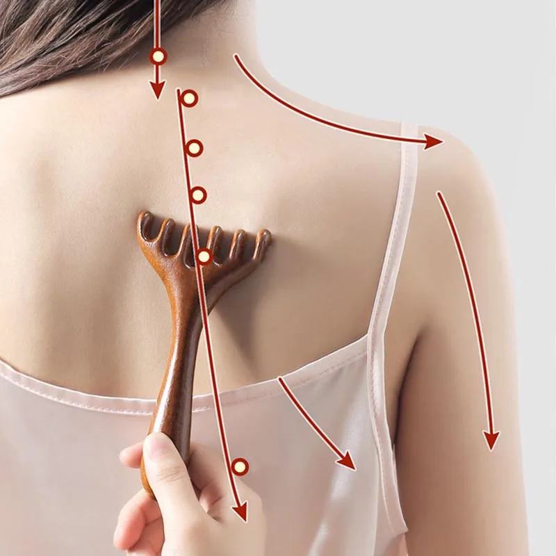 Pente de madeira para massagem meridiana, promove a circulação sanguínea, massageador corporal antiestático com 6 garras, ferramenta Gua Sha AMS05_voghion.com