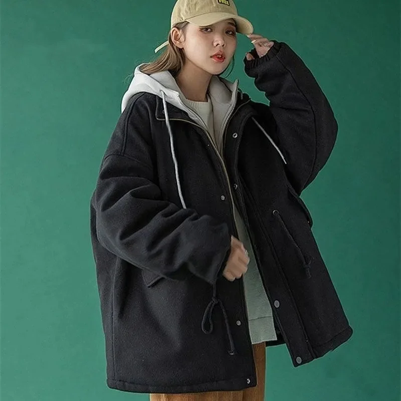 American Retro Fake Two Hooded Coat Women 2023 Winter New Plus Cotton Thickened Cotton Jacket Loose Korean Version Solid Color