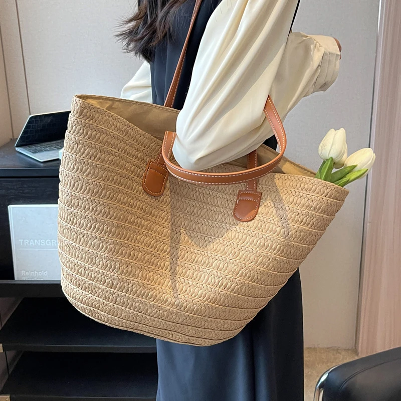 Sac Bandoulière Femme Bohème En Paille – Petit Fourre-tout Plage, Beige, Neuf