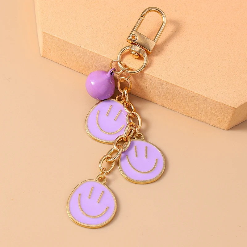 Cartoon Colorful Smile Face Bell Keychain for Car Key Souvenir Gifts for Women Men Handbag Pendant Keyrings DIY Accessories